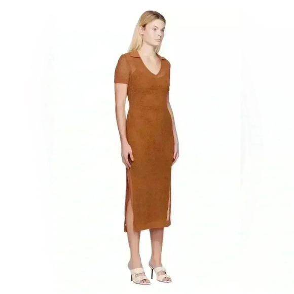 STAUD Oceane Crochet Maxi Midi Dress M Short Sleeve Collared Knit Bodycon Fitted - Picture 3 of 6